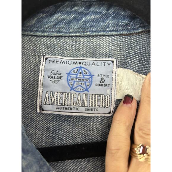 American Hero Authentic Mens Size XL Denim Long Sleeve Shirt Hand Painted Native - Picture 6 of 12